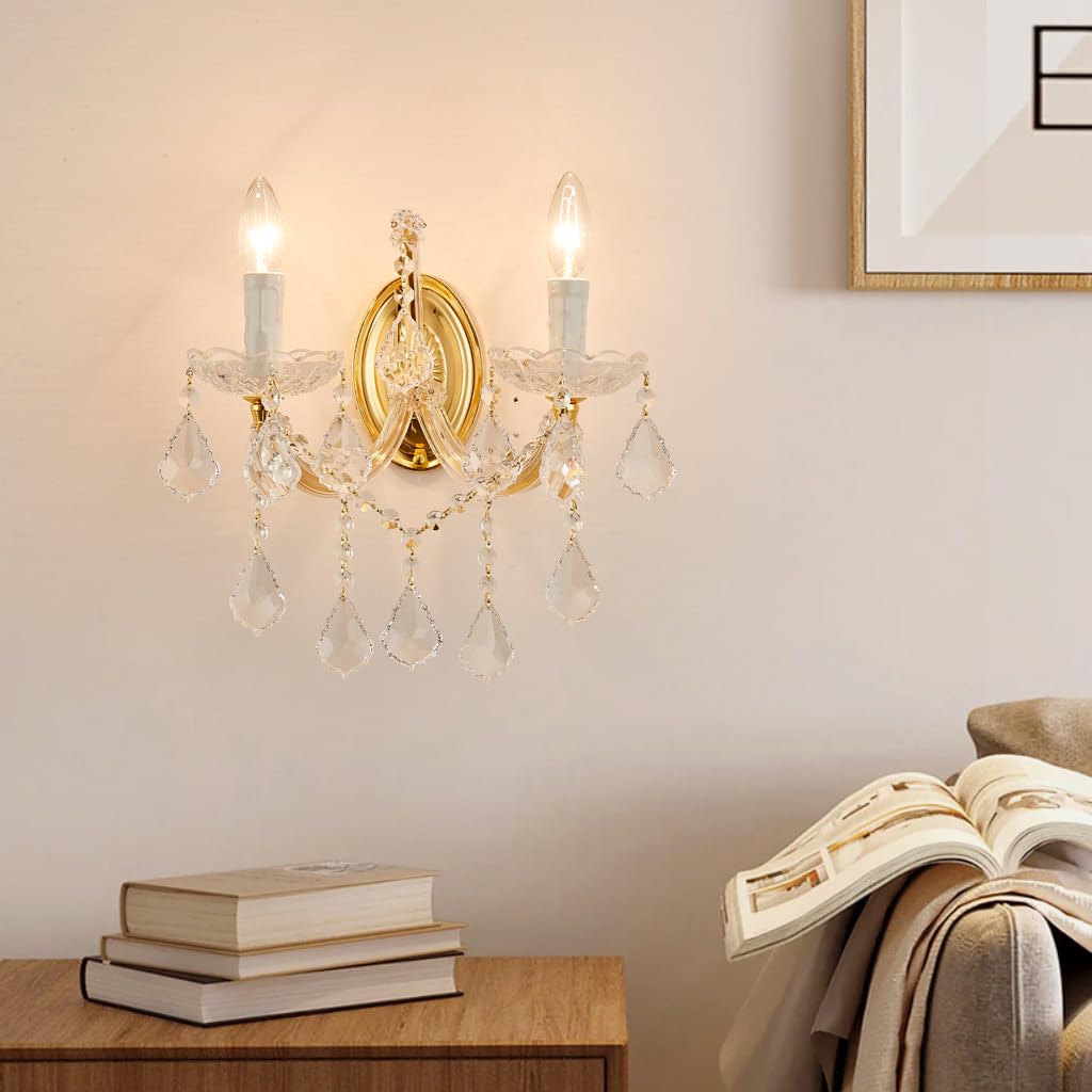TMAFON Crystal Wall Lights, Modern Sconce - Brilliant 2 Lights Maria Theresa Wall Lamp Light Fixtures, Gold Wall Mounted Lamp for Bedroom, Living