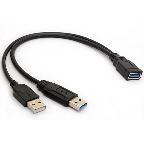 BSHTU USB 3.0 Cable Dual Power Charge Cables Y Adapter Type A Lead Male to Female Extension Code 30cm (5Gbps Data Transfer and Charging)