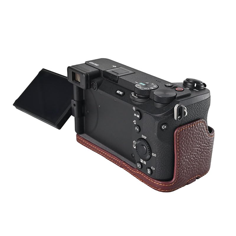 BMAOLLONGB A6700 Case, Handmade Litchi Genuine Real Leather Half Camera Case Bag Cover for Sony Alpha A6700 Bottom Opening Version + Neck Strap