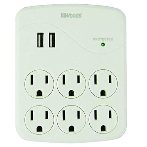 Woods 41079 Surge Protector with 6 Outlets and 2 USB Type A Ports with 1000J of Protection; White