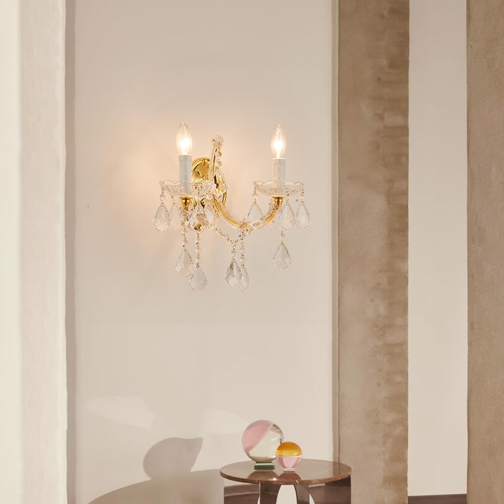TMAFON Crystal Wall Lights, Modern Sconce - Brilliant 2 Lights Maria Theresa Wall Lamp Light Fixtures, Gold Wall Mounted Lamp for Bedroom, Living