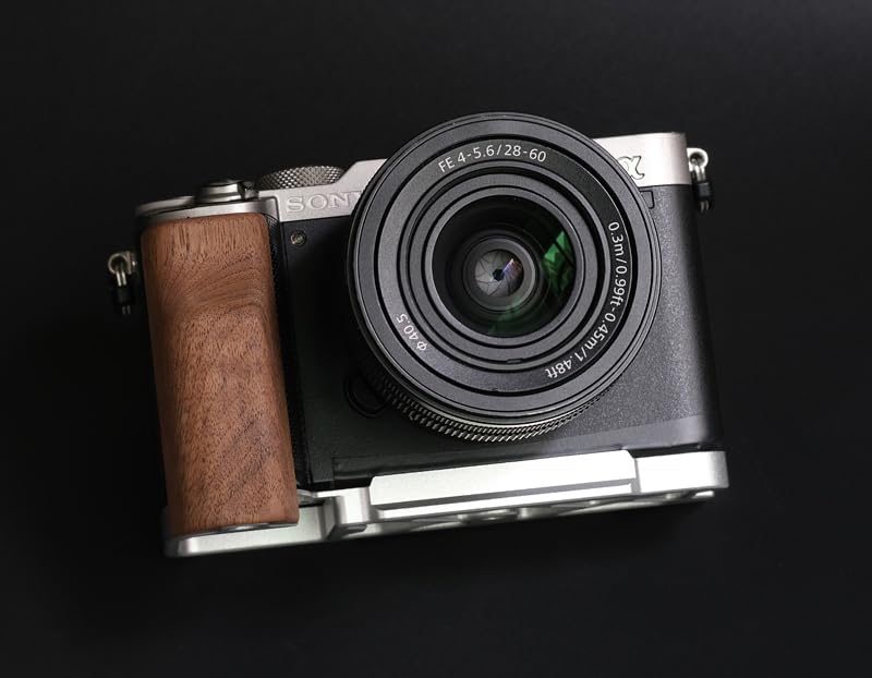QR L Handle Hand Grip Wood Handle + Alloy Baseplate for Sony A7C Camera Holder (Wallnut + Sliver Alloy Baseplate)