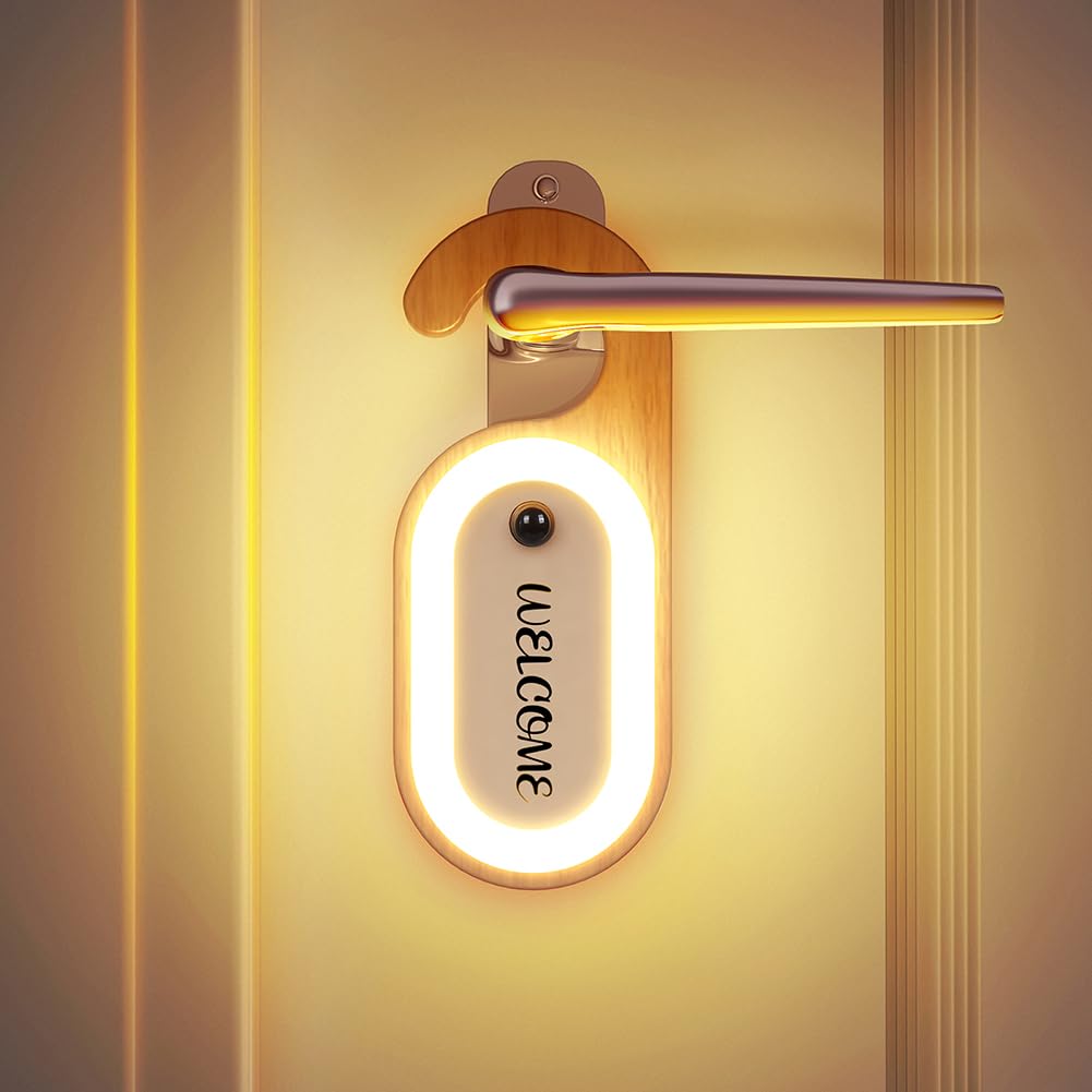 LANDGOO 1-Pack Retro Wooden Door Knob Night Light with Motion Sensor & Message Board, Rechargeable Wall Mount Lamp with Hook, Hotel Style LED Light