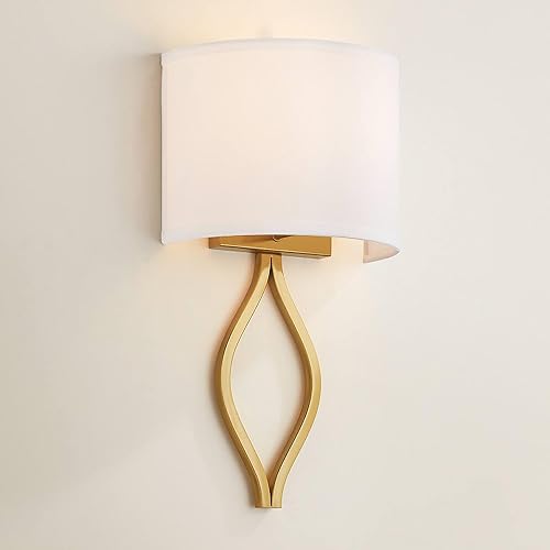 Possini Euro Design Sian Modern Wall Sconce Lighting Warm Brass Hardwired 19 1/2" High Fixture Half Moon Linen Shaped Shade for Bedroom Bedside Living