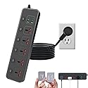 Flat Plug Power Strip with Individual Swtich, Jumpso 6ft Universal Extension Cord with 5 Outlets and 2 USB 4 USB C Ports, Max 3000w, 110-240v