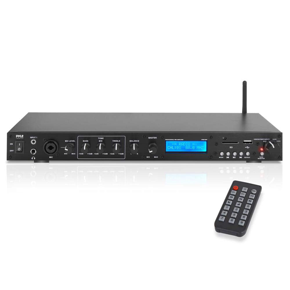 Pyle Rack Mount Studio Pre-Amplifier - Audio Receiver System w/ Digital LCD Display Bluetooth FM Radio Recording Mode Remote Control USB Flash or SD
