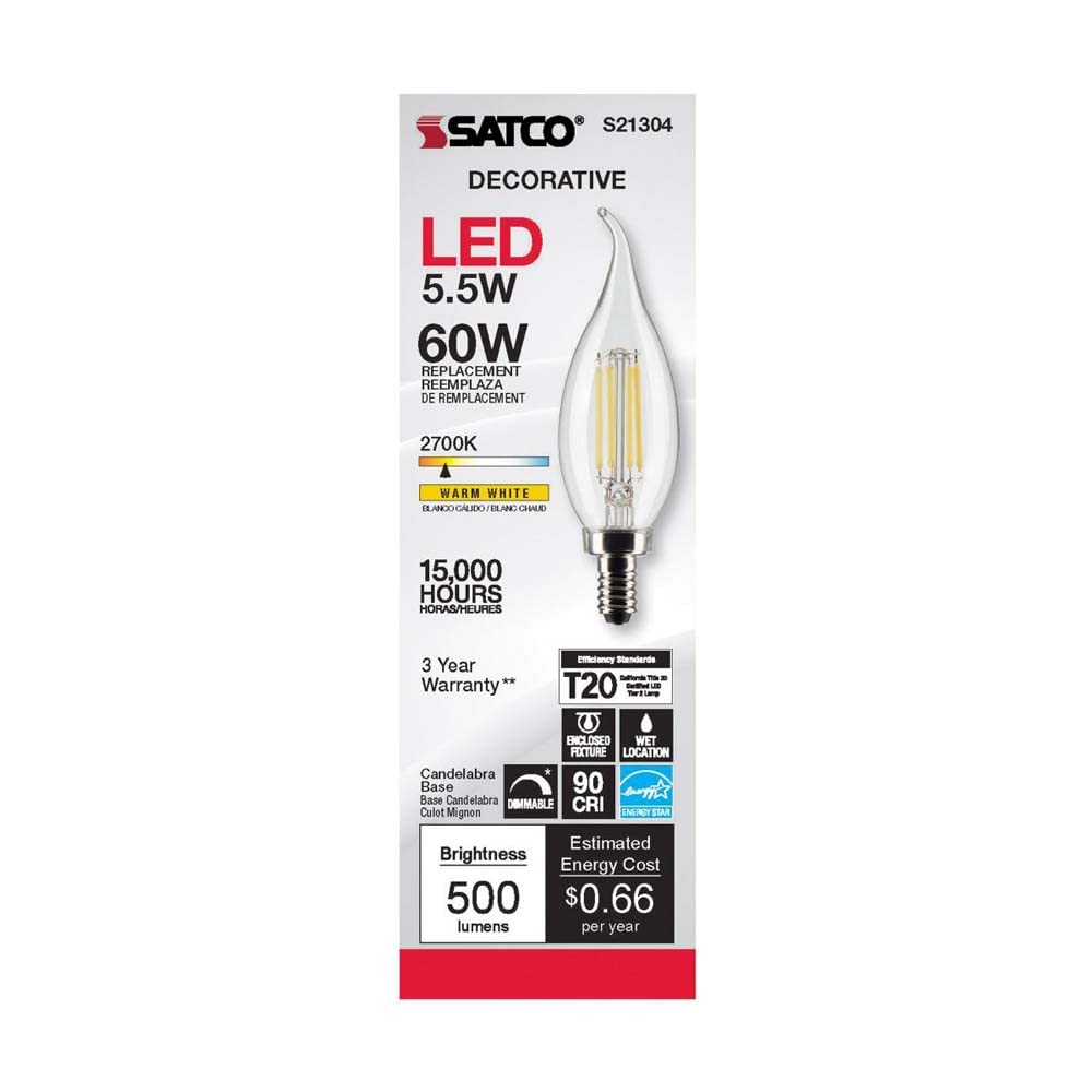 Satco S21304 5.5CA10/LED/927/CL/120V/E12-6 Pack