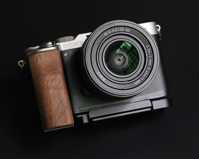 QR L Handle Hand Grip Wood Handle + Alloy Baseplate for Sony A7C Camera Holder (Wallnut + Black Alloy Baseplate)