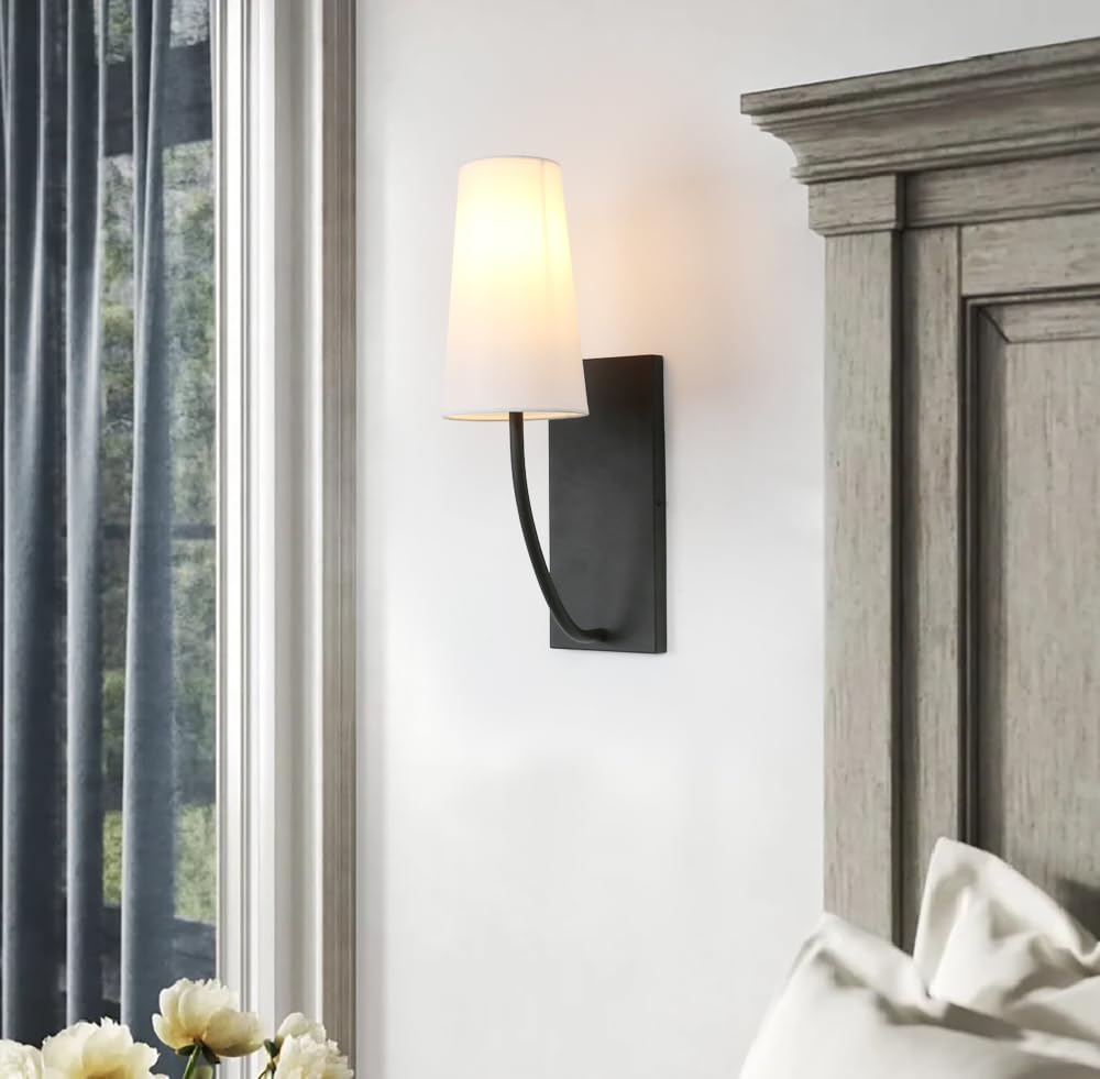 Yosoan Set of 2 Black Brass Fabric Wall Sconce Bedside Indoor Light, Boho Modern Vintage Industrial Vanity Fixture, White Long Cone Fabric Shade