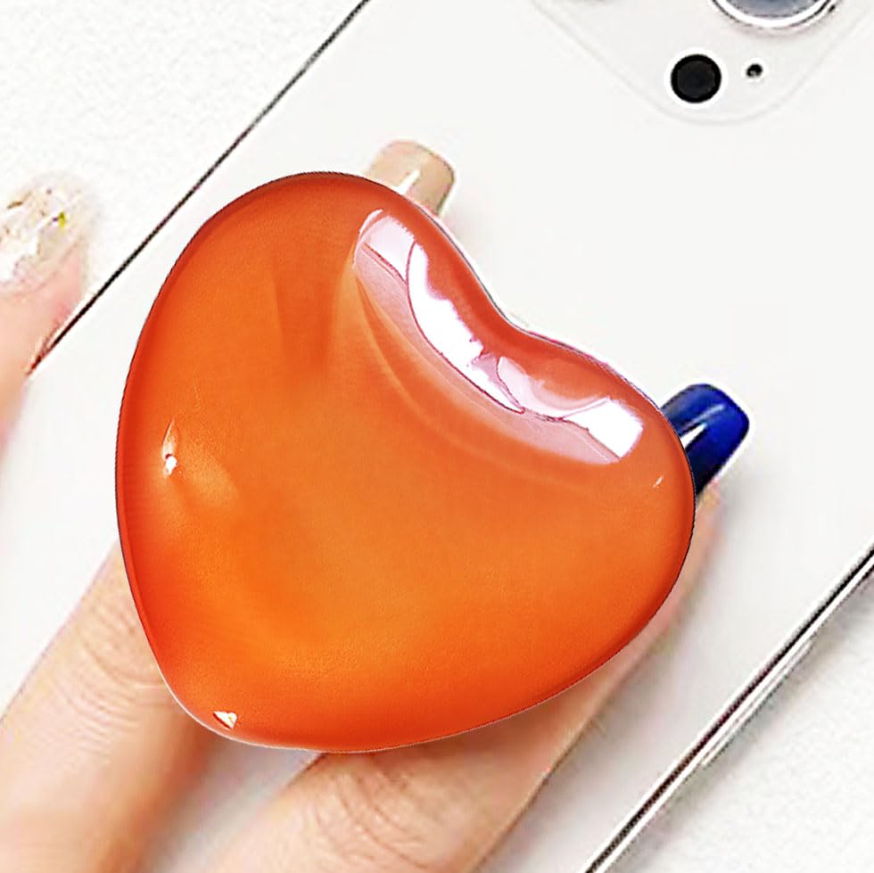 Cute Orange Heart Phone Grip - Large 3D Collapsible Crystal Phone Holder & Stand for Kindle, iPhone 17 16 15 14 13 Pro Max, iPad, Tablet | Phone