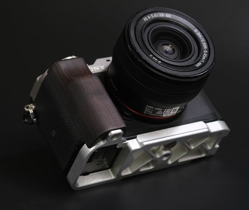 QR L Handle Hand Grip Wood Handle + Alloy Baseplate for A7C Camera Holder (Ebony + Sliver Alloy Baseplate)