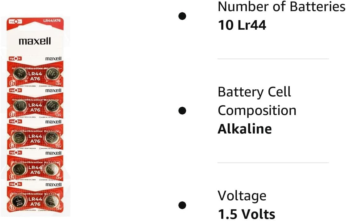 Maxell LR44 (A76) Batteries, 10 Count (775011)