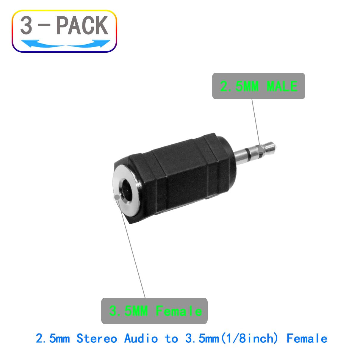 ZJKJHJY 2.5mm to 3.5mm Audio Adapter, Female to Male Stereo Connector, 3-Pack, Black
