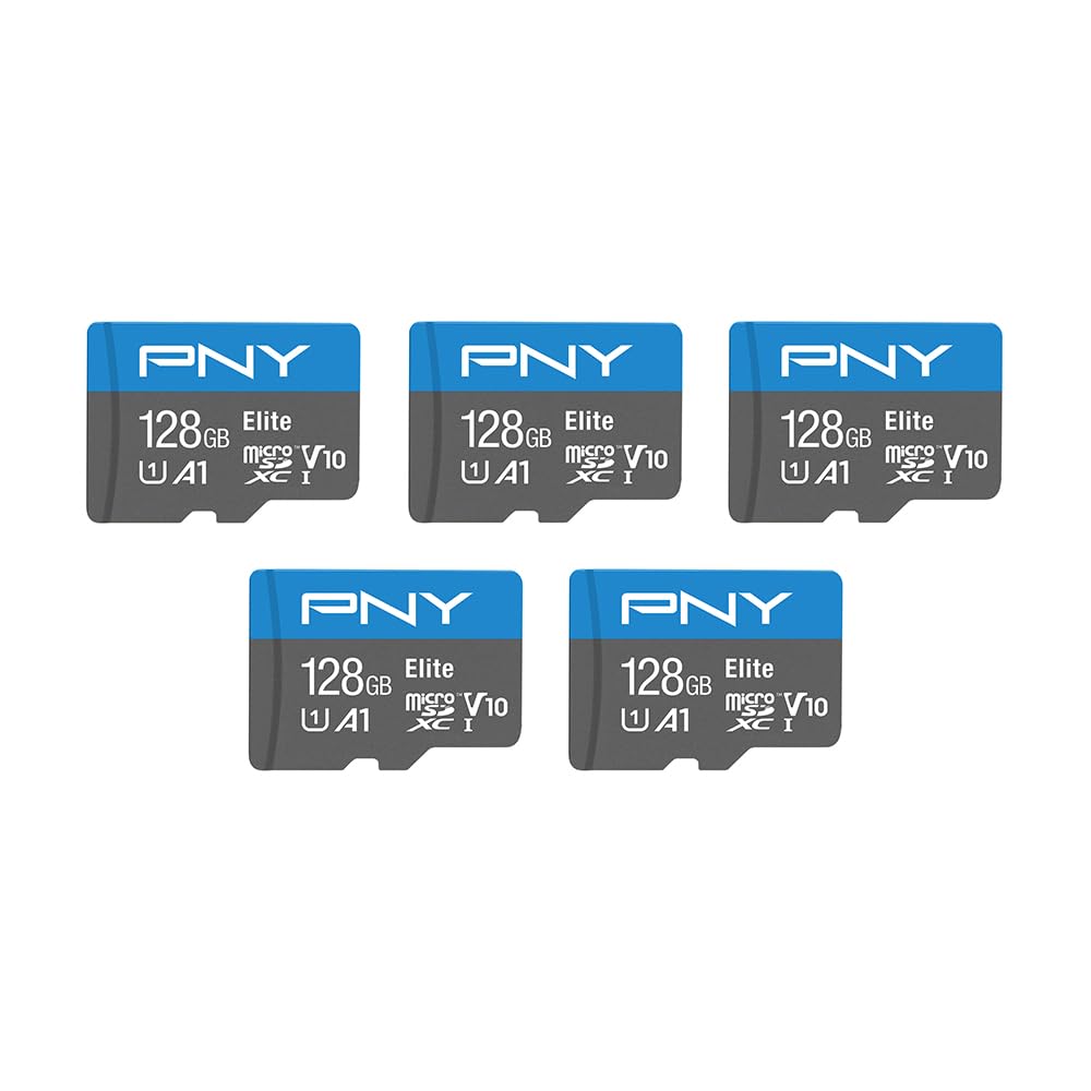 PNY 128GB Elite™ Mobile Accessories Class 10 U1 V10, A1 microSDXC Flash Memory Card for Mobile Devices - 100MB/s, Full HD, UHS-I, Micro SD 5-Pack