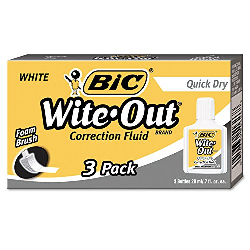 BIC Wite-Out Quick Dry Correction Fluid, 20 mL, White, Goes On Easy With A Reduced Dry Time, 3-Count Pack