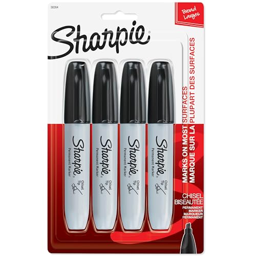 Sharpie Permanent Markers, Large, Chisel Tip, Black, 4 Count - Marks on Paper, Plastic, Metal, and More
