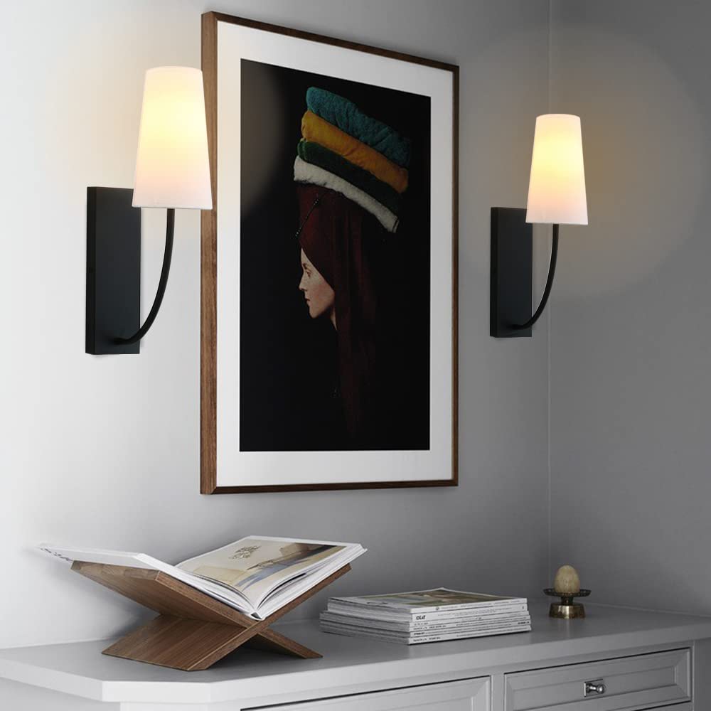 Yosoan Set of 2 Black Brass Fabric Wall Sconce Bedside Indoor Light, Boho Modern Vintage Industrial Vanity Fixture, White Long Cone Fabric Shade