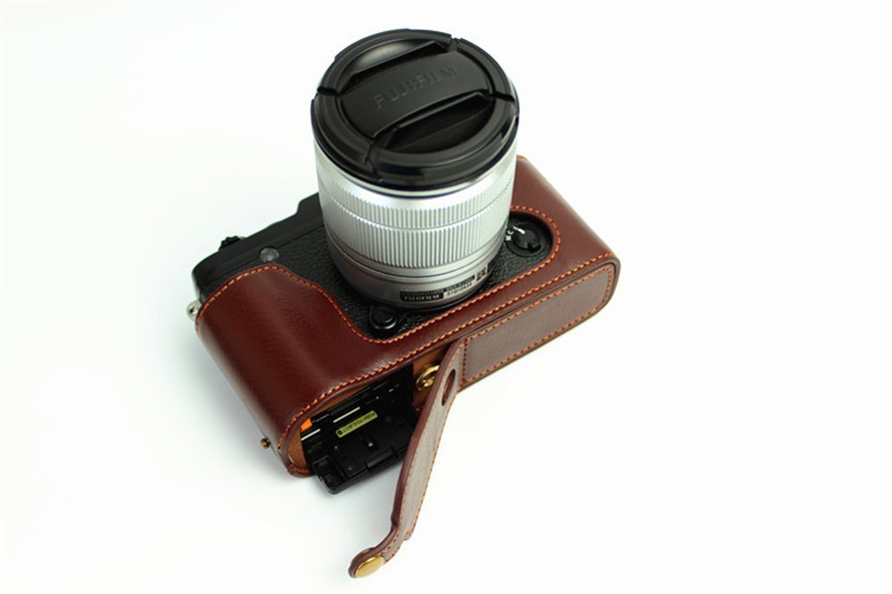 XE1 Case, BolinUS Handmade Genuine Real Leather Half Camera Case Bag Cover for Fujifilm Fuji XE1 X-E1 XE2 X-E2 Opening Version + Hand Strap -Coffee