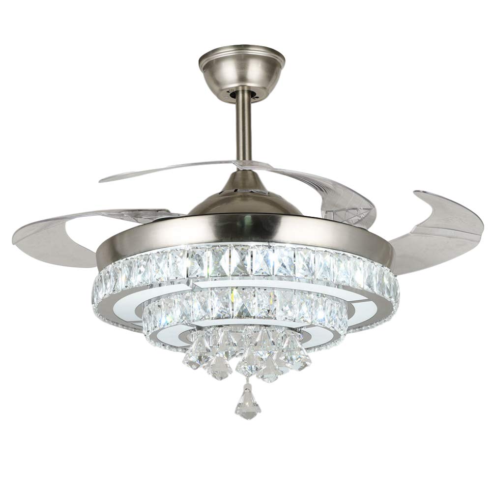 KPIBEST 42 inch Crystal Ceiling Fan with Light and Remote Control 3 Lights Level, Modern Indoor Invisible Retractable Chandelier Fans Lighting with 3