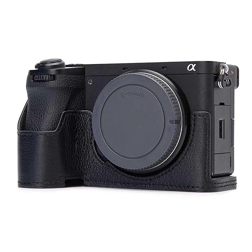 a6700 Vintage Genuine Leather Camera Case for Sony Alpha 6700 ILCE-6700 Handmade Half-Wrap Camera Protector Cover (Black-Black line)