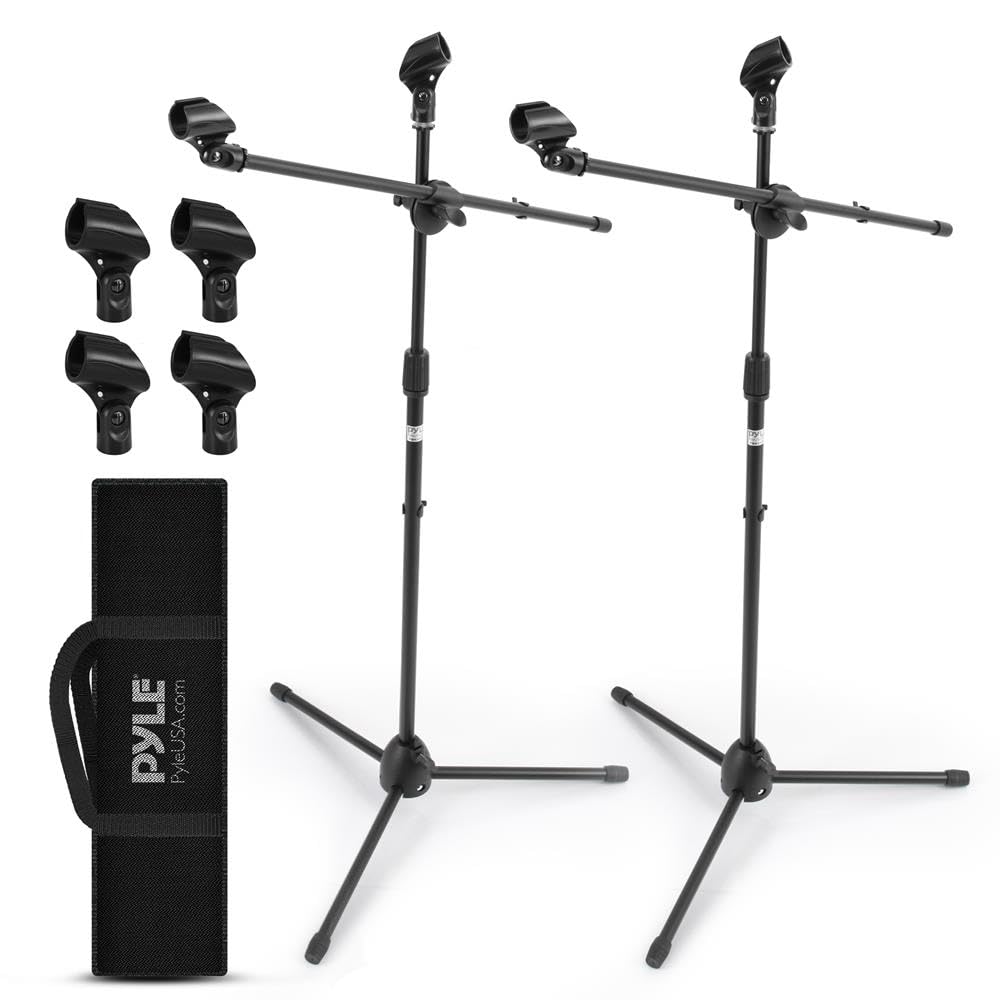 Pyle Universal Adjustable Tripod Microphone Stand - Pair of Heavy Duty Lightweight Professional Compact Extendable Stage Studio Floor Standing Boom