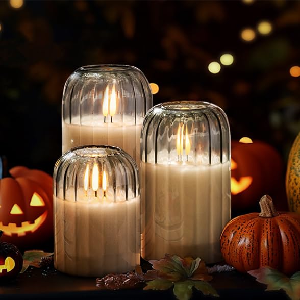 Ribbed Glass Battery Candles - FLameless Candles with Remote, Sage Green LED Candles with Timer, Warm Light, Lasting 350 Hrs and Brightness