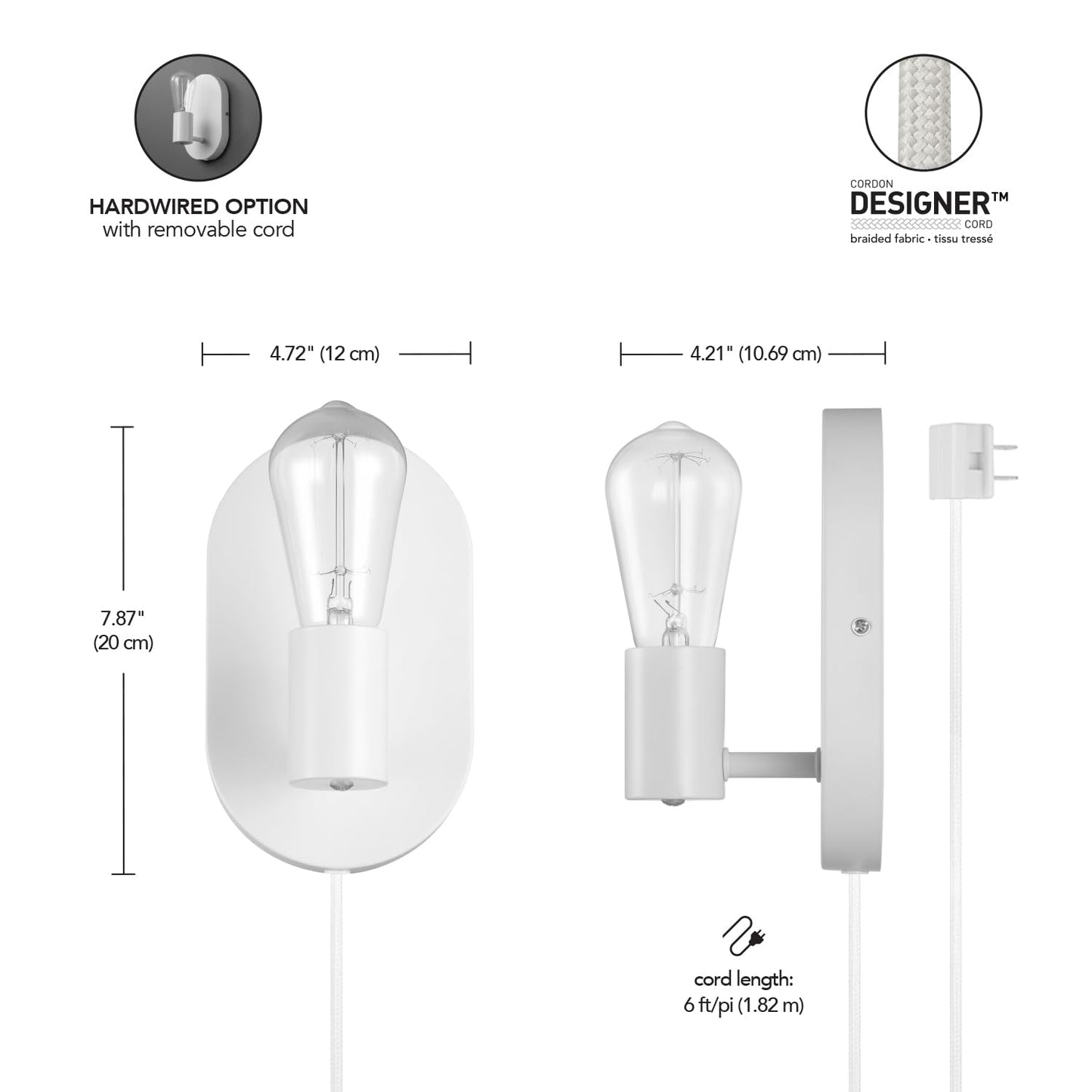 Globe Electric 65000134 1-Light Plug-in or Hardwire Wall Sconce, Matte White, 6ft White Fabric Covered Cord, Inline On/Off Rocker Switch, Bedroom
