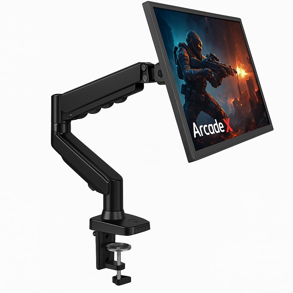 ArcadeX Single Monitor Mount, 13 to 32 Inch Gas Monitor Arm, Adjustable Stand, Vesa Mount with Clamp and Grommet Base - Fits 4.4 to 22lbs LED Computer