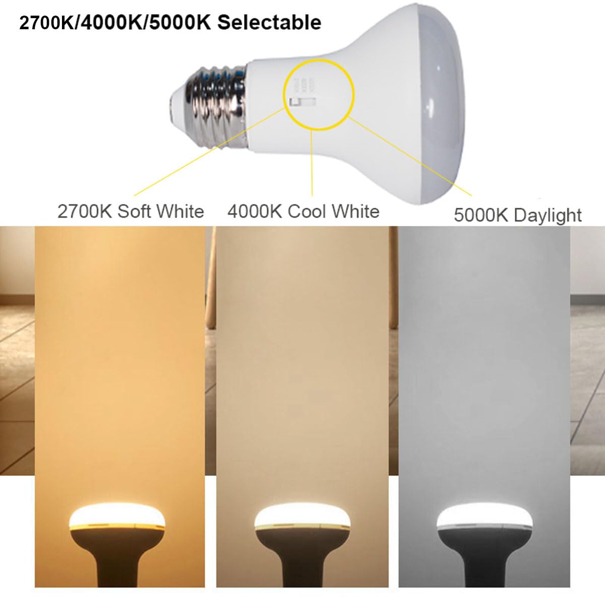 4-Pack 3CCT BR20 LED Flood Light Bulb Soft White Glow Cool White Daylight,8W (60-Watt),2700K 4000K 5000k,850LM,Dimmable,120° Beam Anglg,R20 Indoor LED