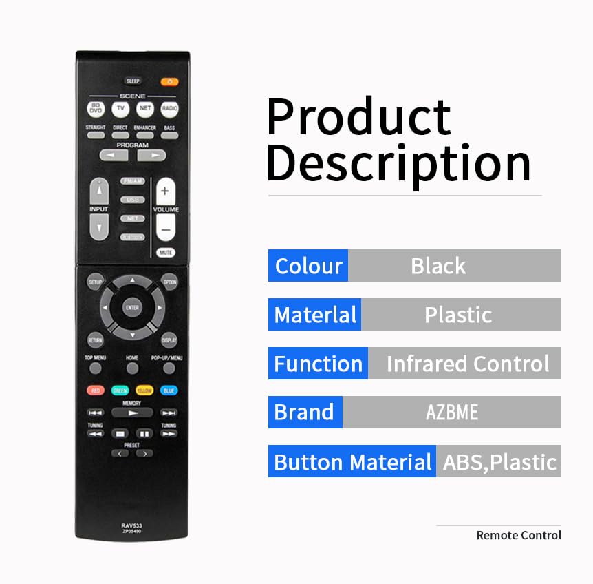 Replacement Remote Control for Yamaha Home Theater Audio Receiver ZP457800 RAV534 RAV531 RAV532 RAV533 RXV581BL RX-V581BL RXV583 HTR-4068 RX-V581