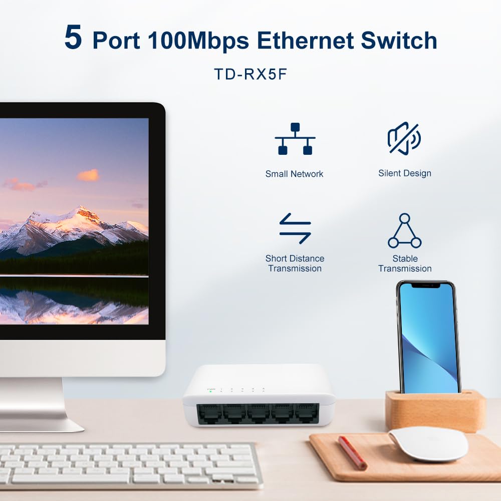 TODAAIR 5-Port Unmanaged 10/100 Mbps Ethernet Desktop Plastic Housing Switch, 5 X 10/100 Mbps Ports?Plug & Play