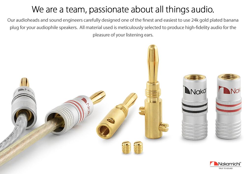 Nakamichi Excel Series 24k Gold Plated Banana Plugs 12 AWG - 18 AWG Gauge Size 4mm for Speakers Amplifier Hi-Fi AV Receiver Stereo Home Theatre Radio