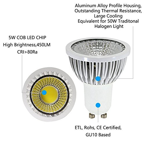 GU10 LED Bulbs GU10 5W COB LED Bulbs GU10 Base 5W 110V 6000K Daylight White Not Dimmable Spotlight Bulb for Landscape Lighting Track