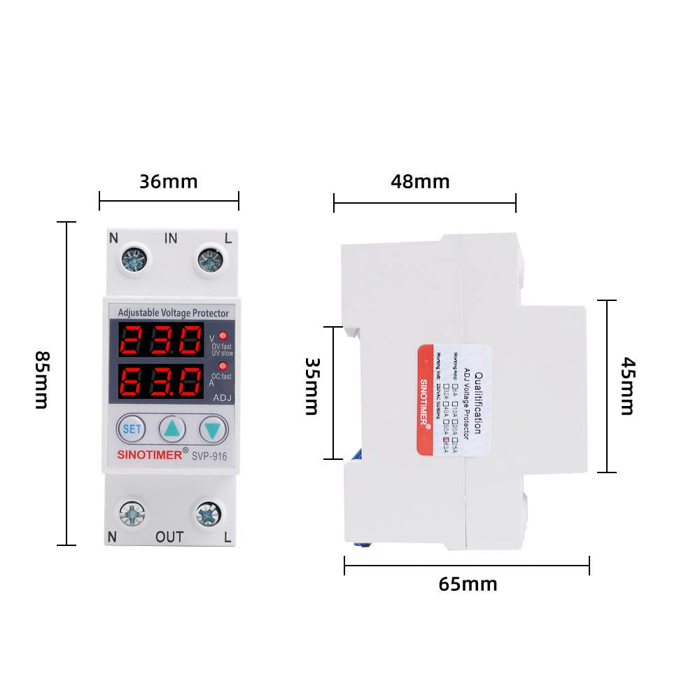 220VAC 60Hz 63A Over/Under Voltage Protection Device Voltage Current Protector, 2 Red LED Displays, Single Phase Low Voltage Monitor, Din Rail