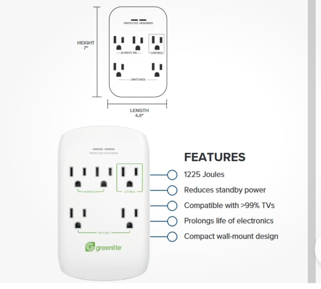 Greenlite Advanced Power Strip, 5-Outlet Wall Mount Surge Protector
