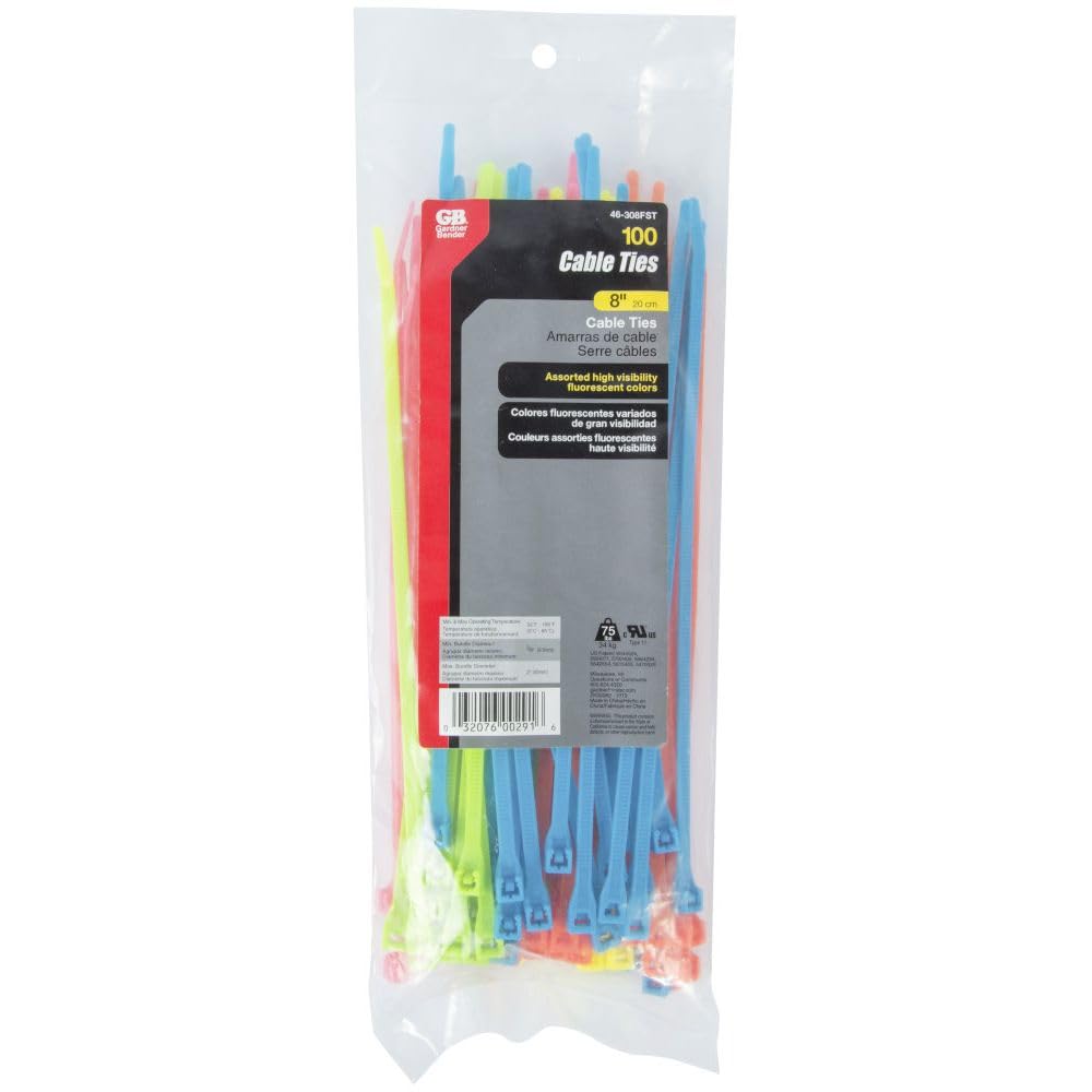 Fluorescent Cable Ties, Nylon, 8-in., 100-Pk.