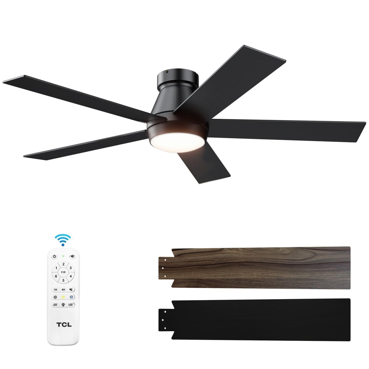 TCL 52" Black Flush Mount Ceiling Fan with Light & Remote