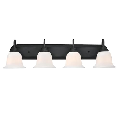 Westinghouse 6117100 Harwell Traditional Four-Light Indoor Vanity Light Fixture, Matte Black Finish, White Opal Glass
