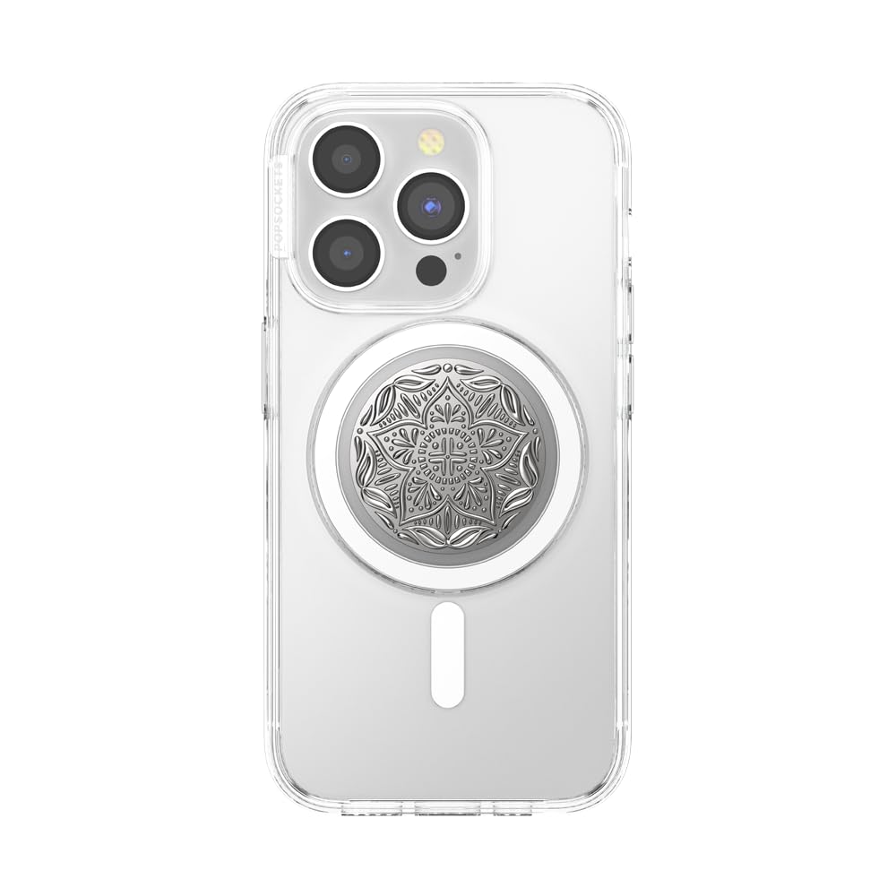 PopSockets Phone Grip for MagSafe, Magnetic Holder, Phone Stand, Enamel - Mandala Silver