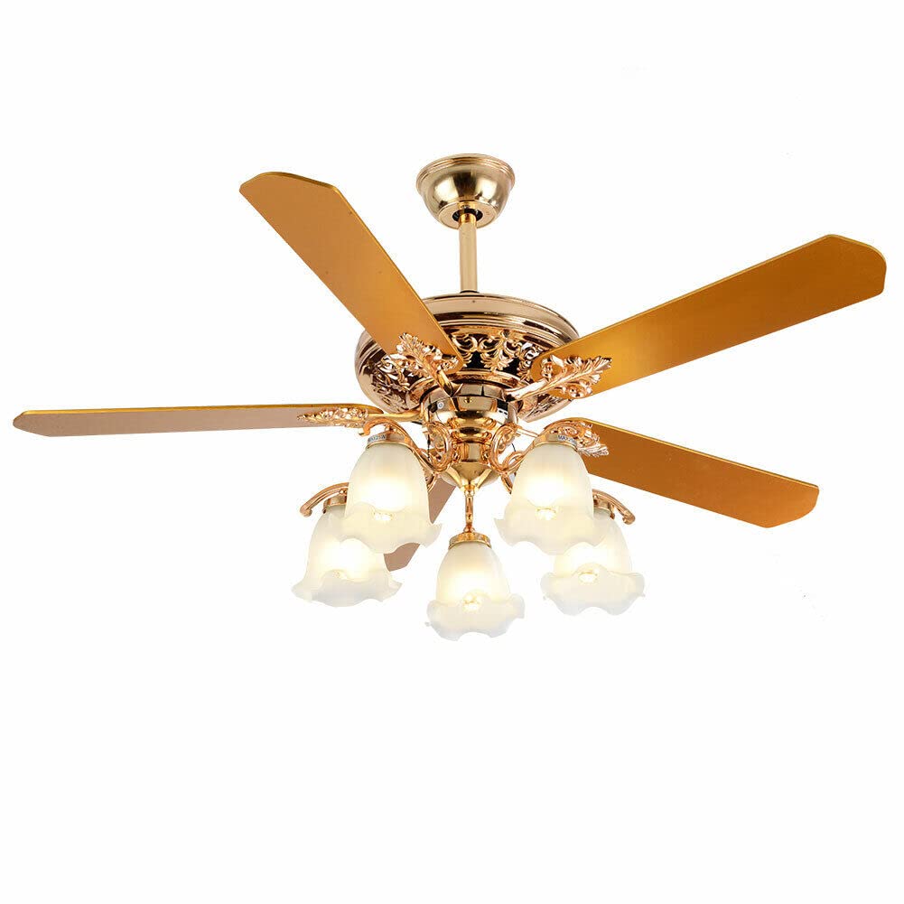 SanBouSi 52 Inch Chandelier Ceiling Fan 5 Reversible Blades with 5 Flower Glass Light, Modern Golden Style LED Fan Chandelier Indoor Home Decor