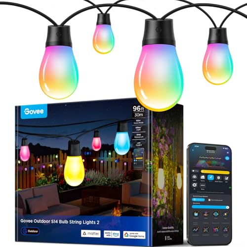 Govee S14 Bulb Outdoor String Lights 2, 96ft Smart RGBIC Warm White Lights with 30 LED Bulbs(2 Ropes of 48ft), 111 Scene Modes for Patio Decor, IP66