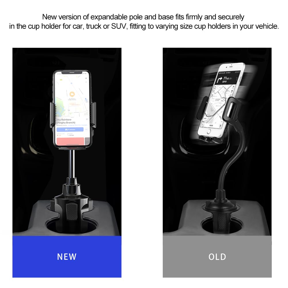 Car Cup Holder Phone Mount, 360° Rotating Clip, Retractable Rotatable Rod, One-Touch Operation, Anti-Shake Car Phone Holder Fit 2.76-3.78in Base