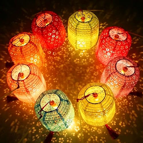 10PCS Colorful Paper Lanterns 6inches Oval Shaped with LED Lights Hollow Out Hanging with Tassels Walking Sticks for Wedding Dinner Party Outdoor