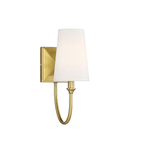 Savoy Essentials 9-2542-1-322 Cameron Modern Farmhouse White Fabric Wall Sconce, 1-Light 40 Watt, 13" H x 5" W, Warm Brass