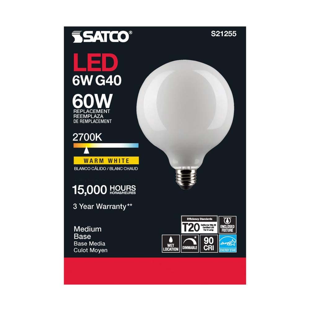 Satco S21255 6 Watt LED Light Bulbs G40 Globe White E26 Medium Base 2700K Warm White Dimmable 120V - (6 Pack)