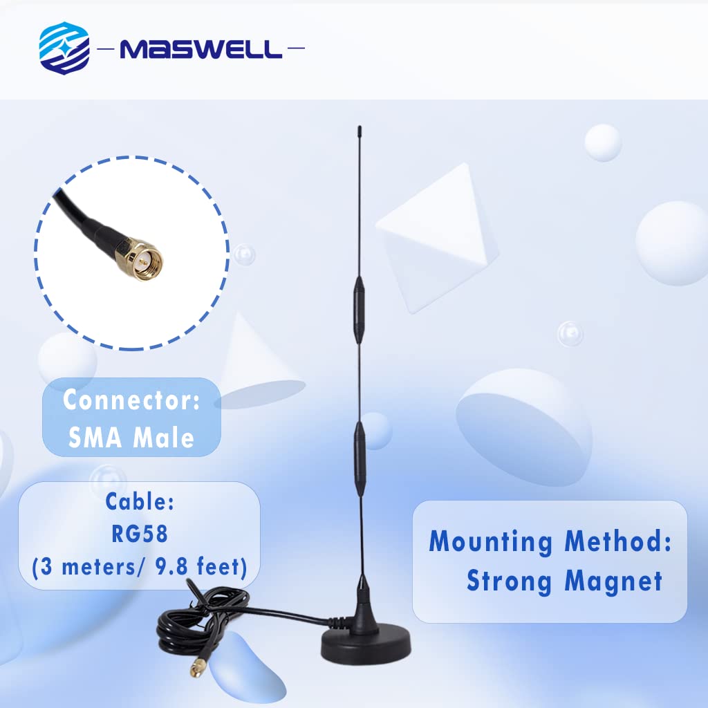 MASWELL Cellular Antenna 4G Whip Antenna High Gain 5dBi Magnet Mount for Cellular 4G LTE 3G and GSM Long Monopole 700MHz Band Included Connector
