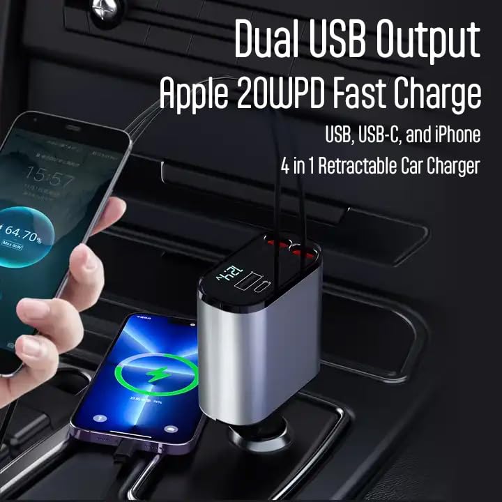 Retractable Phone Charger - Fast Car Charger USB C 4 in 1 for Apple and Android - Car Gadgets, Must Haves, PT-16