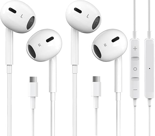 2 Packs USB C Headphones for iPhone 17/16/15 Earbuds with Microphone & Volume Control HiFi Stereo Type C Earphones for Galaxy S23/S22/S21/S20/Ultra