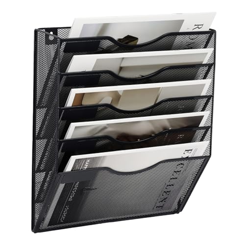EASEPRES 5 Pocket Mesh Hanging Wall File Organizer, Wall Mounted Mail Paper Document Folder Holder, Clipboard Storage Organization Magazine Rack