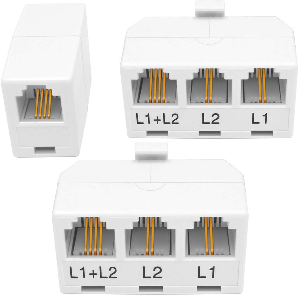 NECABLES 2+1Pack 2pcs Phone Jack Splitter 2 Line Adapter RJ11 1 Male to 3 Females (L1, L2, L1+L2) and 1pc Telephone Line Coupler White